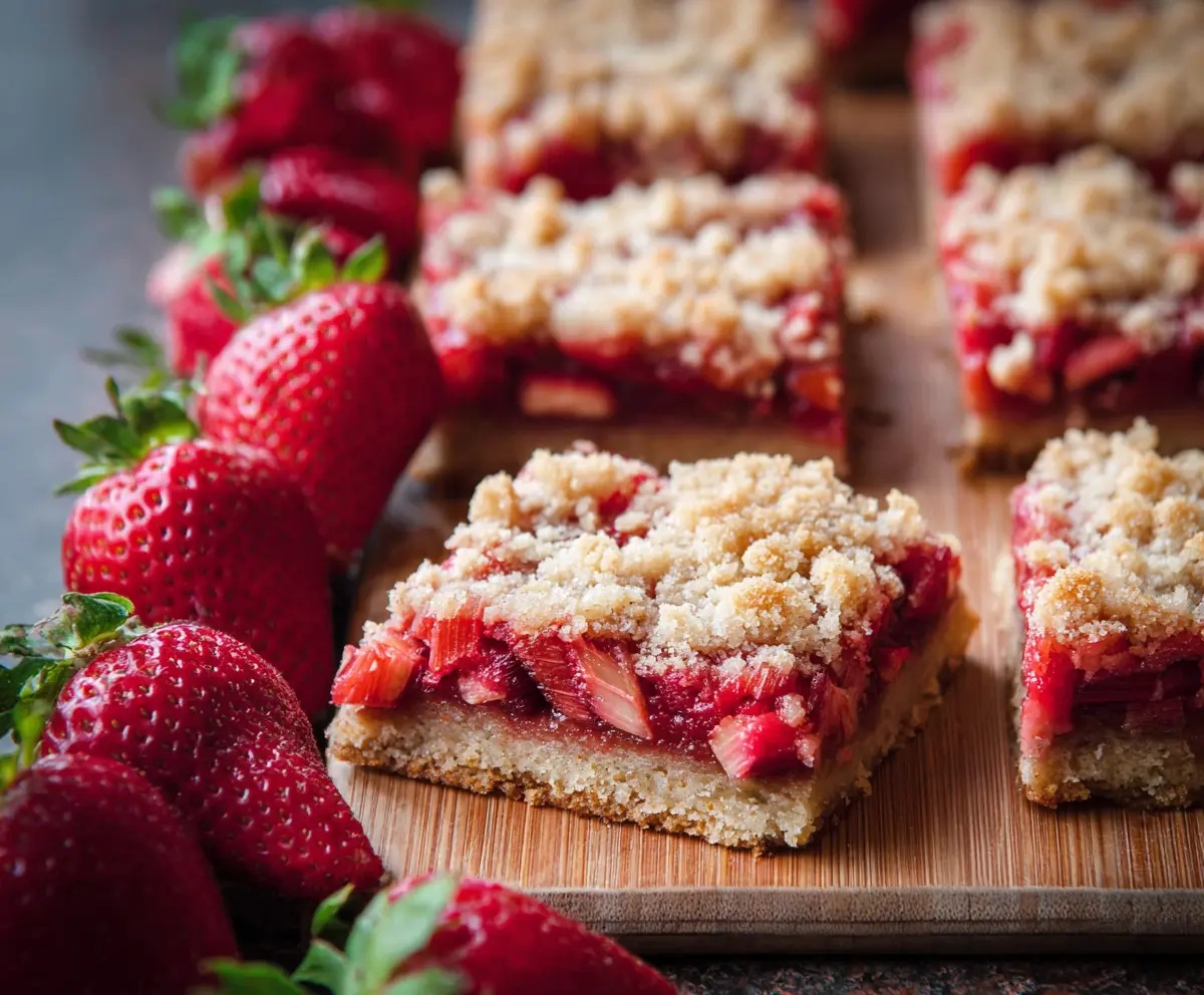 Delicious strawberry rhubarb crumble bars topped with golden crumbs and fresh strawberries.