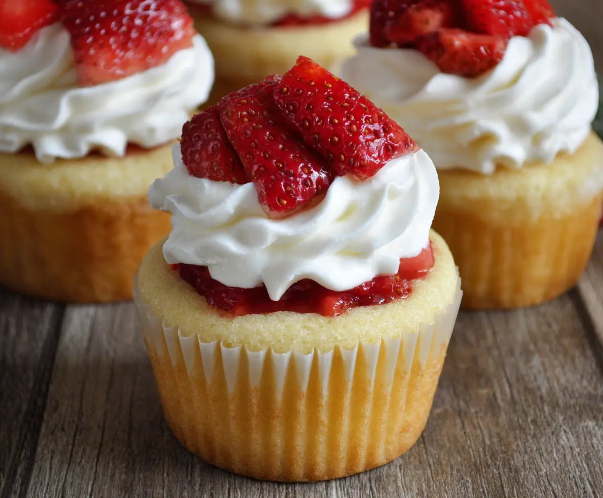 Delicious strawberry shortcake cupcakes topped with fresh strawberries and whipped cream.