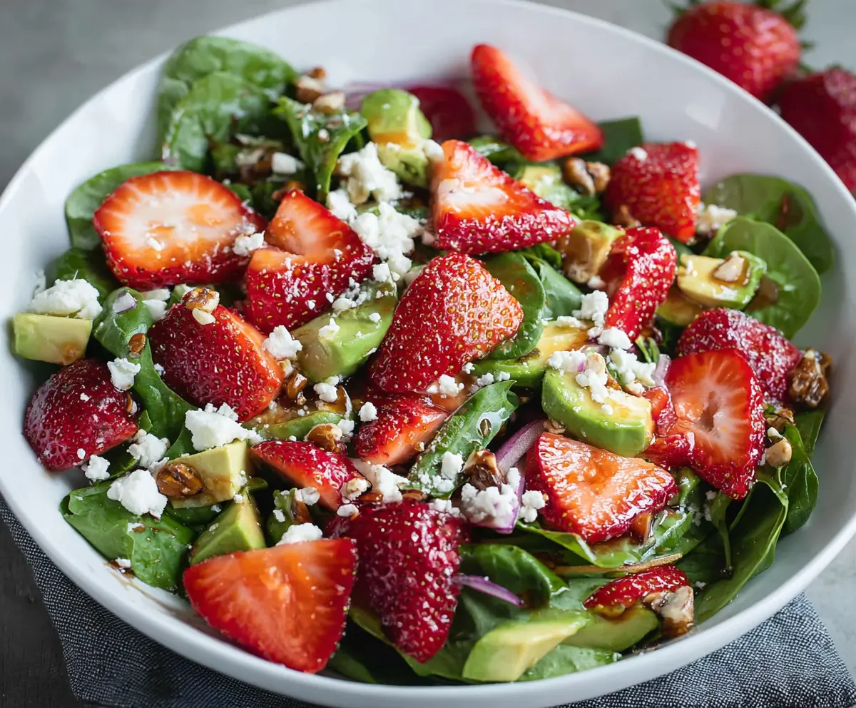 Fresh Strawberry Spring Salad with mixed greens and & nut topping, perfect for a healthy meal.