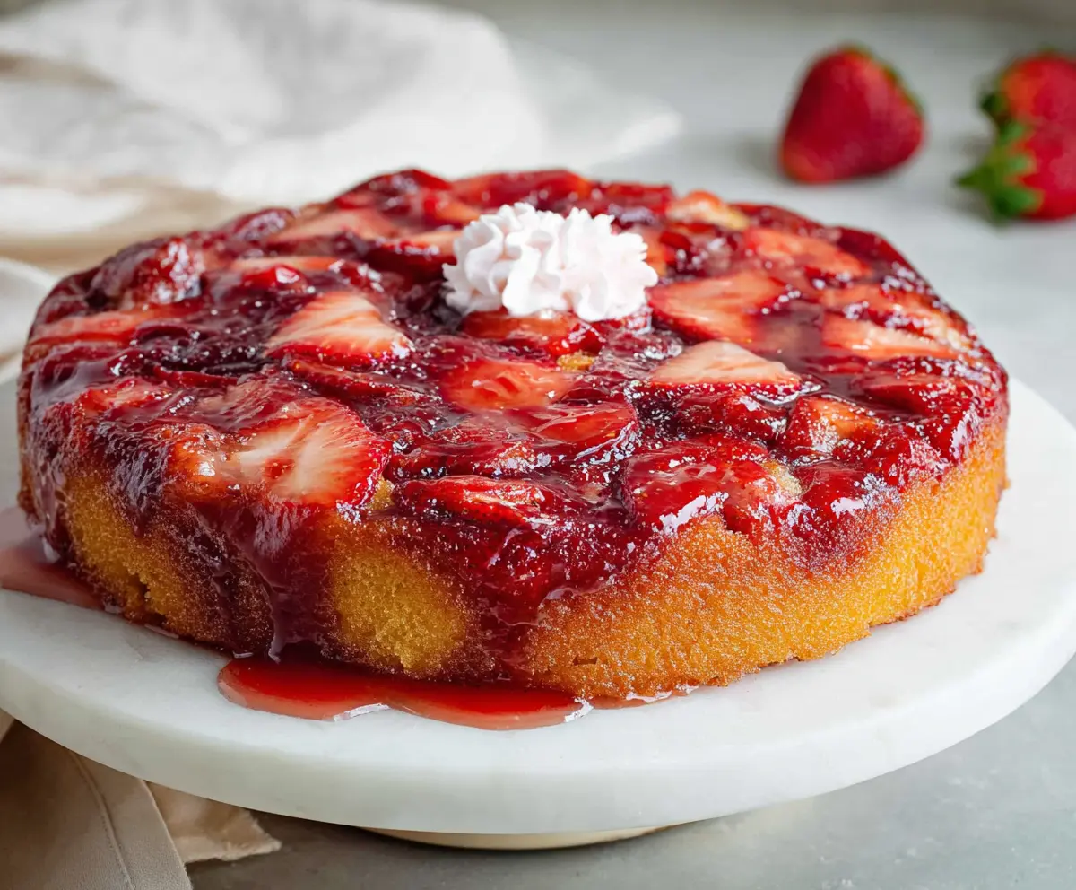 Delicious strawberry upside down cake topped with fresh strawberries and caramelized sugar.