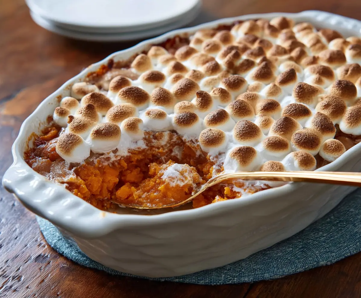 Delicious sweet potato casserole topped with marshmallows for a cozy holiday side dish.