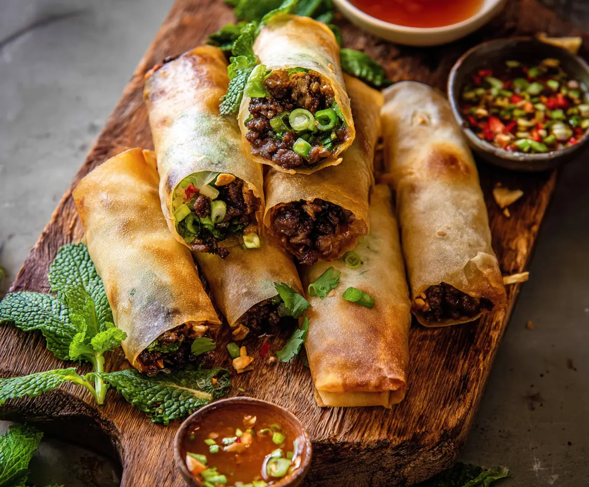 Fresh Thai Beef Spring Rolls filled with vegetables and herbs, served with a flavorful dipping sauce.
