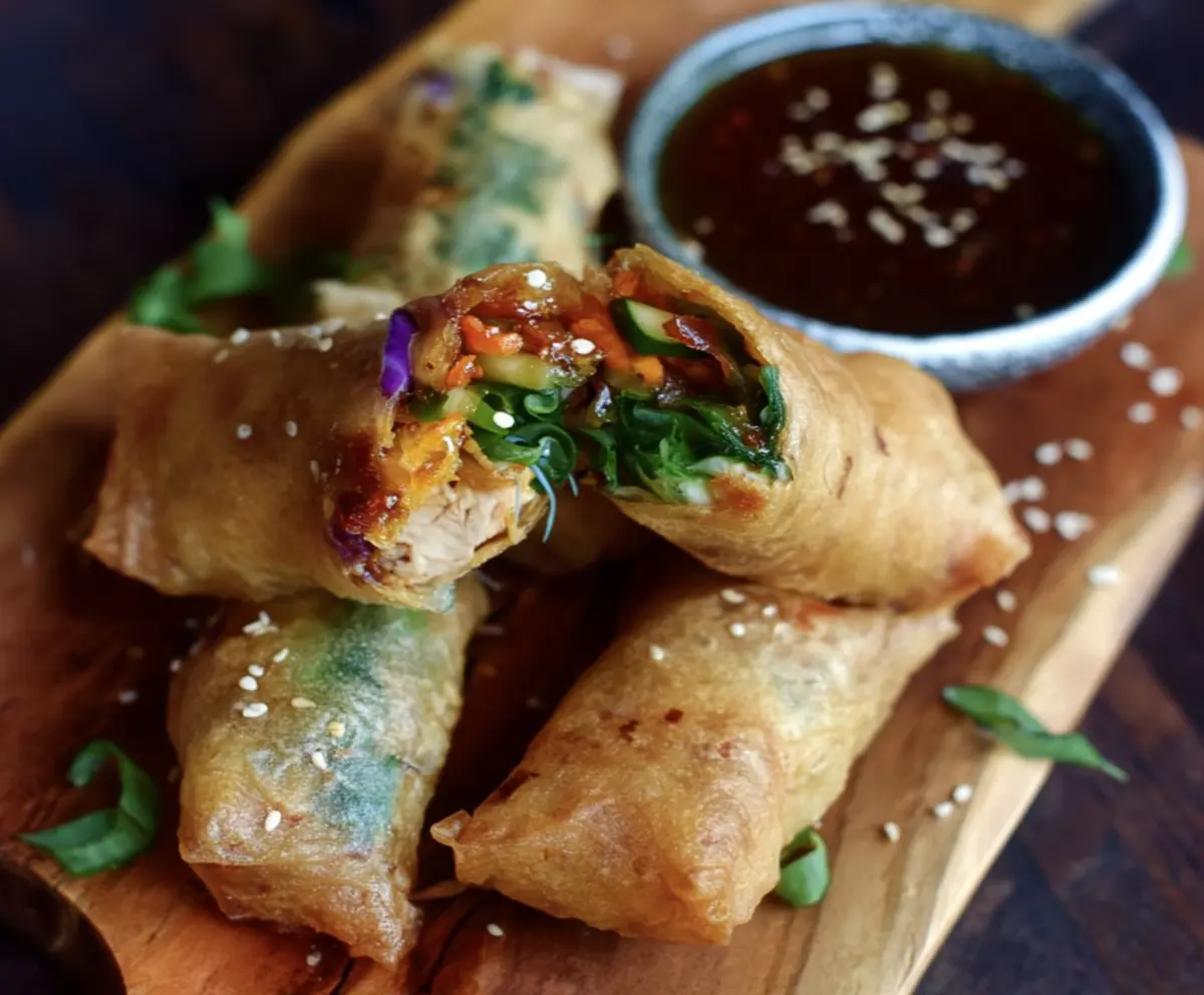 Fresh turmeric sesame chicken spring rolls with vegetables and herbs for a healthy appetizer.