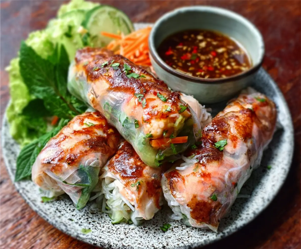 Delicious Vietnamese Baked Salmon Spring Rolls with fresh herbs and dipping sauce
