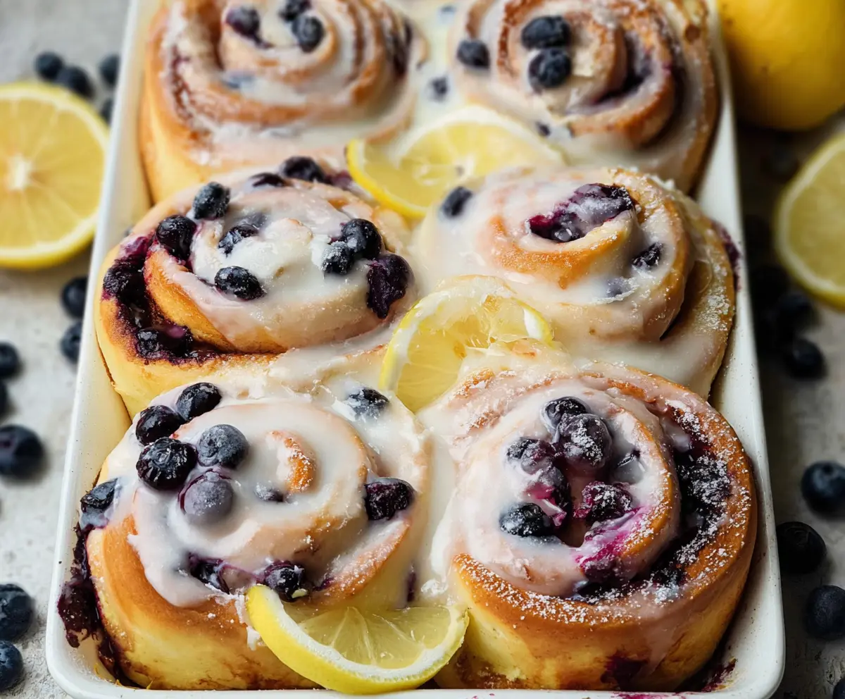 Delicious Lemon Blueberry Rolls fresh out of the oven with vibrant blueberries and zesty lemon glaze.