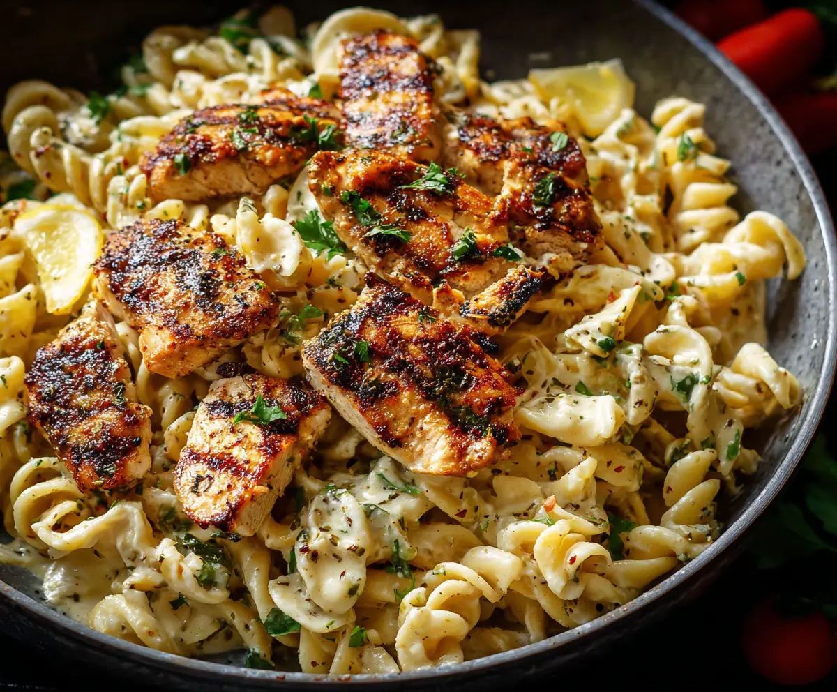 Delicious Lemon Pepper Chicken Pasta served on a white plate with fresh herbs