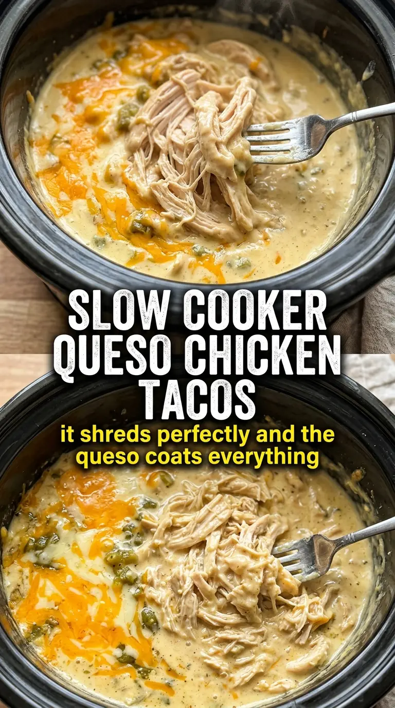 Slow Cooker Queso Chicken Tacos creamy shredded chicken