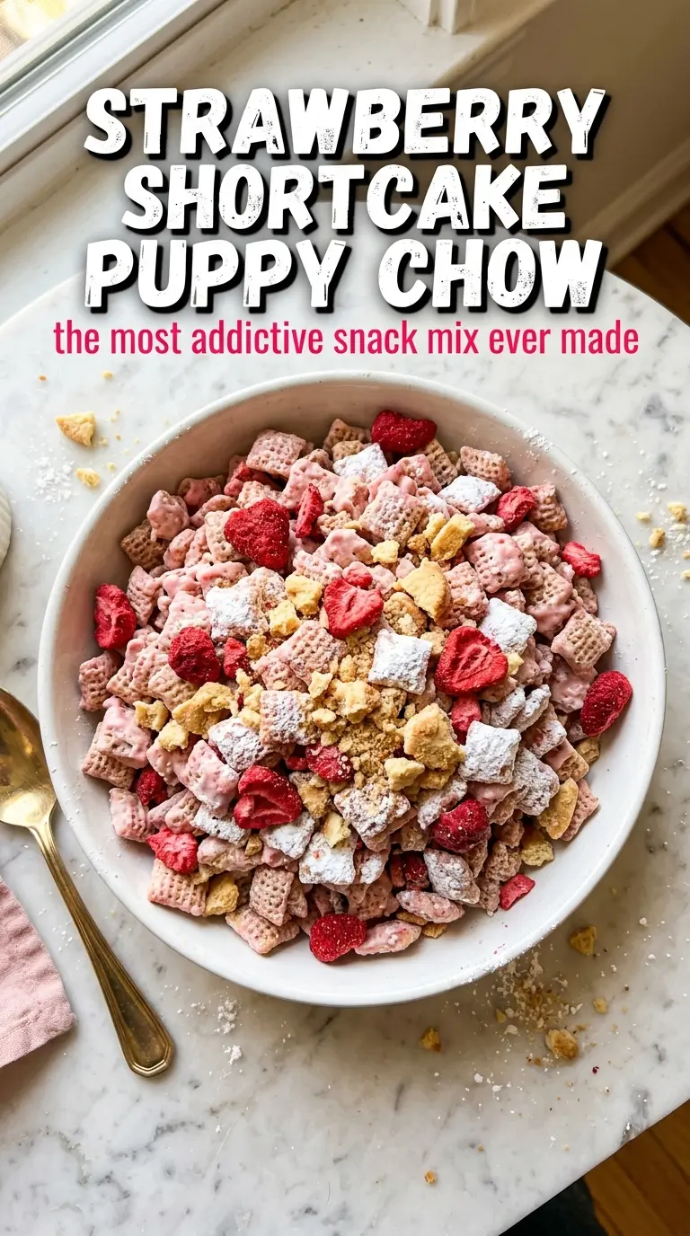 Strawberry Shortcake Puppy Chow pink sweet crunchy snack mix