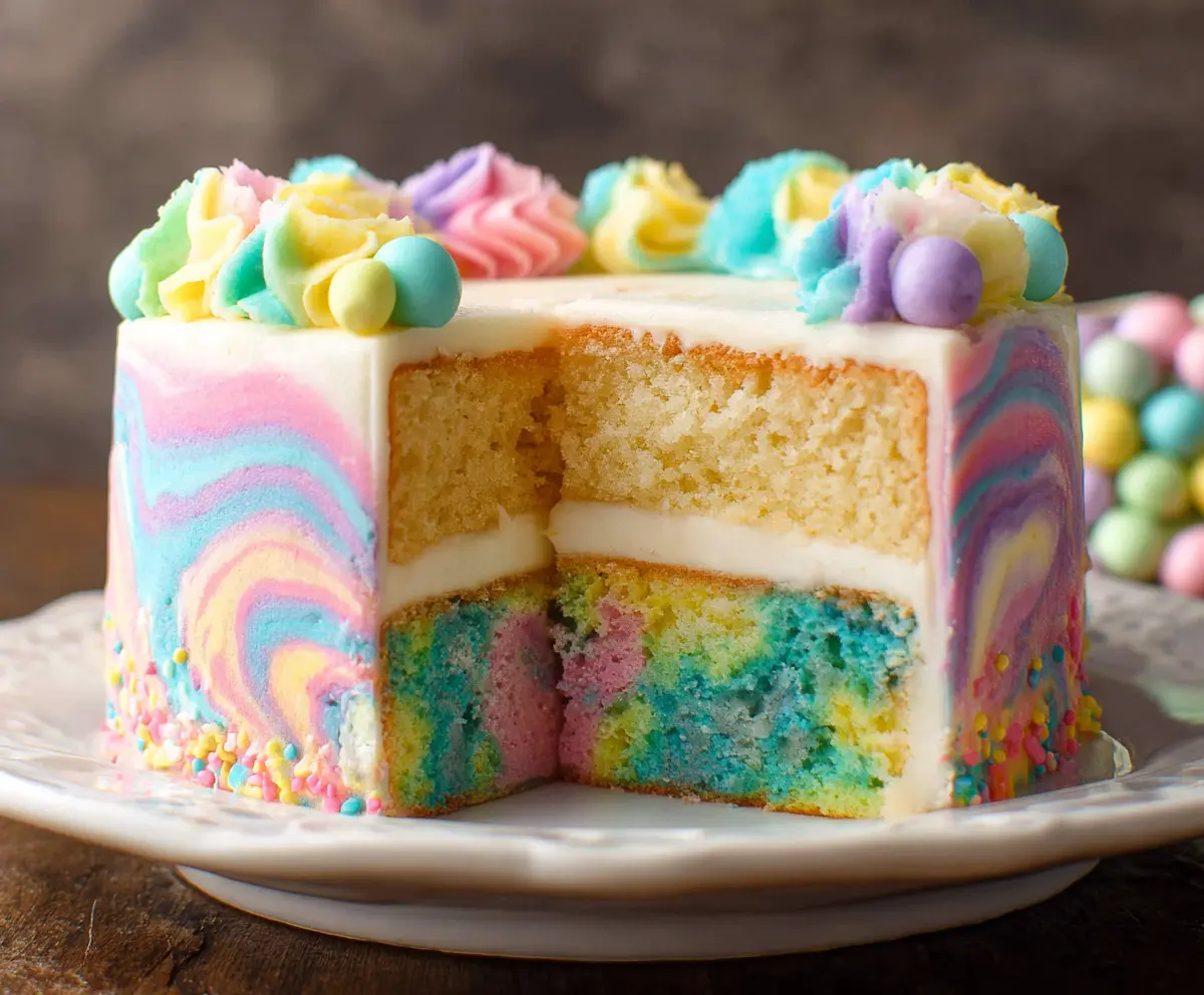 Delicious swirled Easter cake with festive pastel colors and intricate icing design.