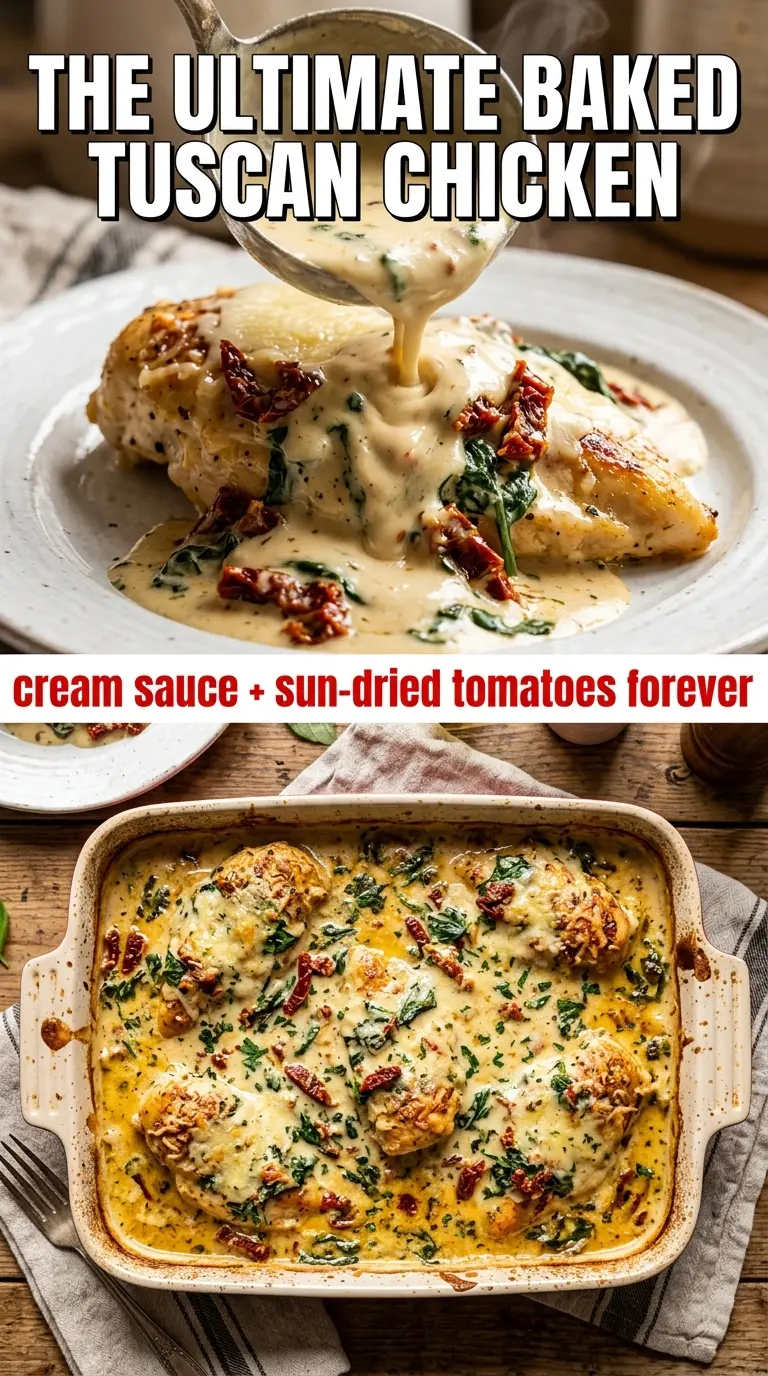 Baked Tuscan Chicken with sun-dried tomatoes, creamy sauce, and basil