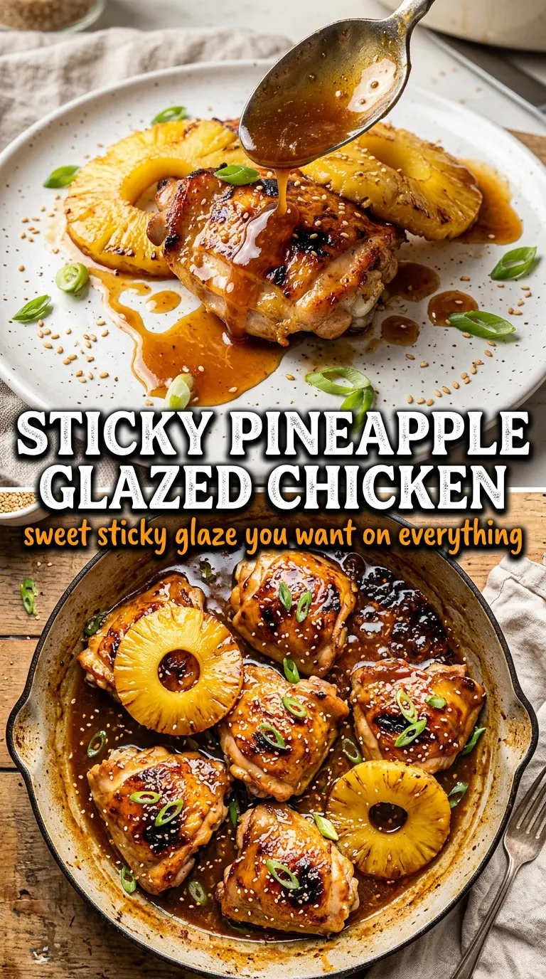 Brown Sugar Pineapple Chicken sticky skillet, caramelized glaze, pineapple chunks