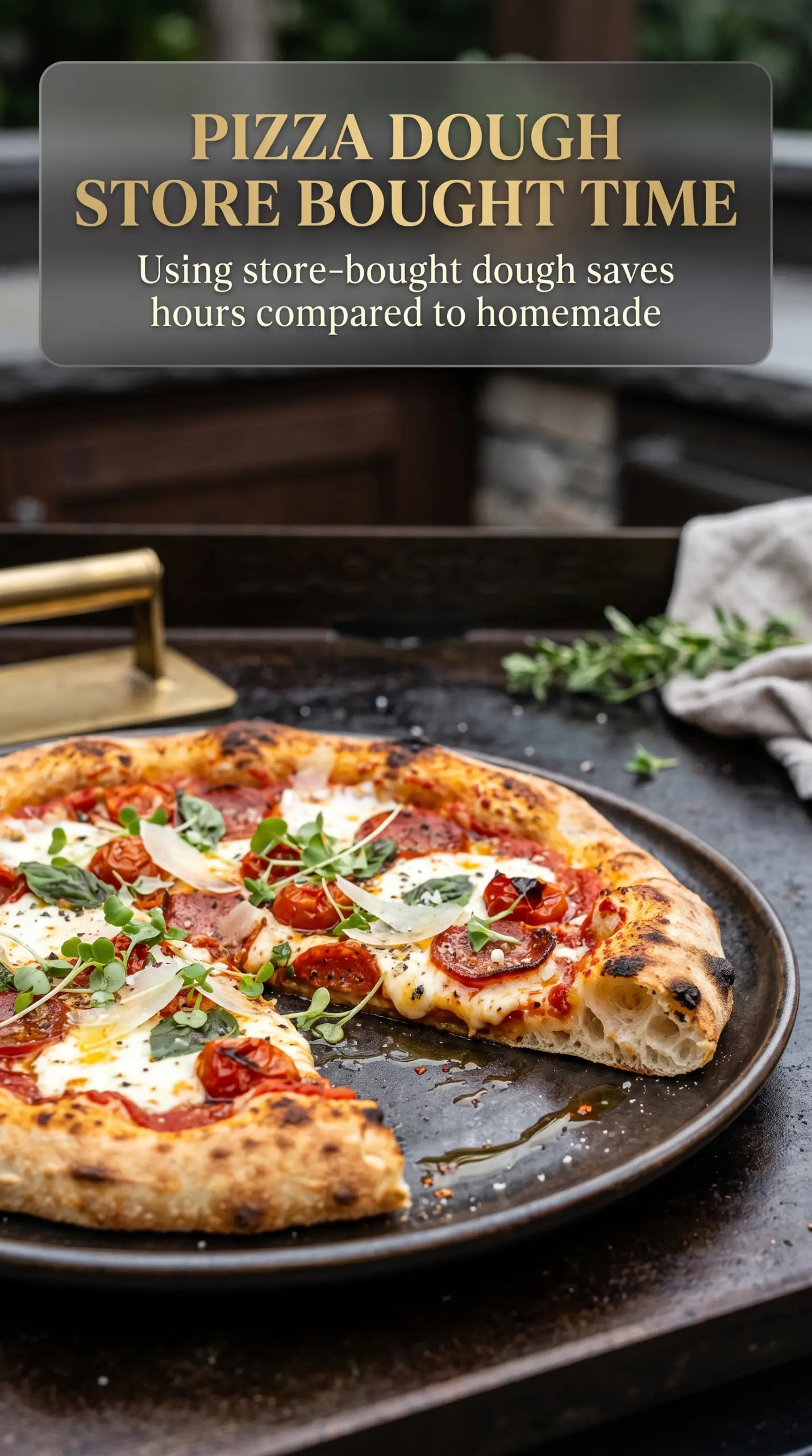 Pizza on a Blackstone Griddle with charred crust, melted cheese