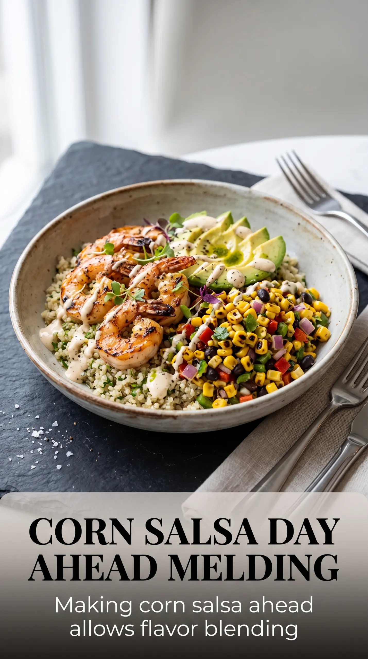 Grilled Shrimp Bowl with Avocado and Corn Salsa colorful fresh