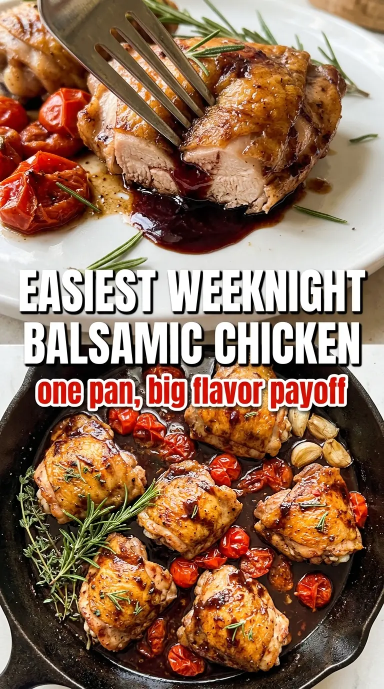 One Pan Balsamic Chicken glossy skillet chicken burst tomatoes