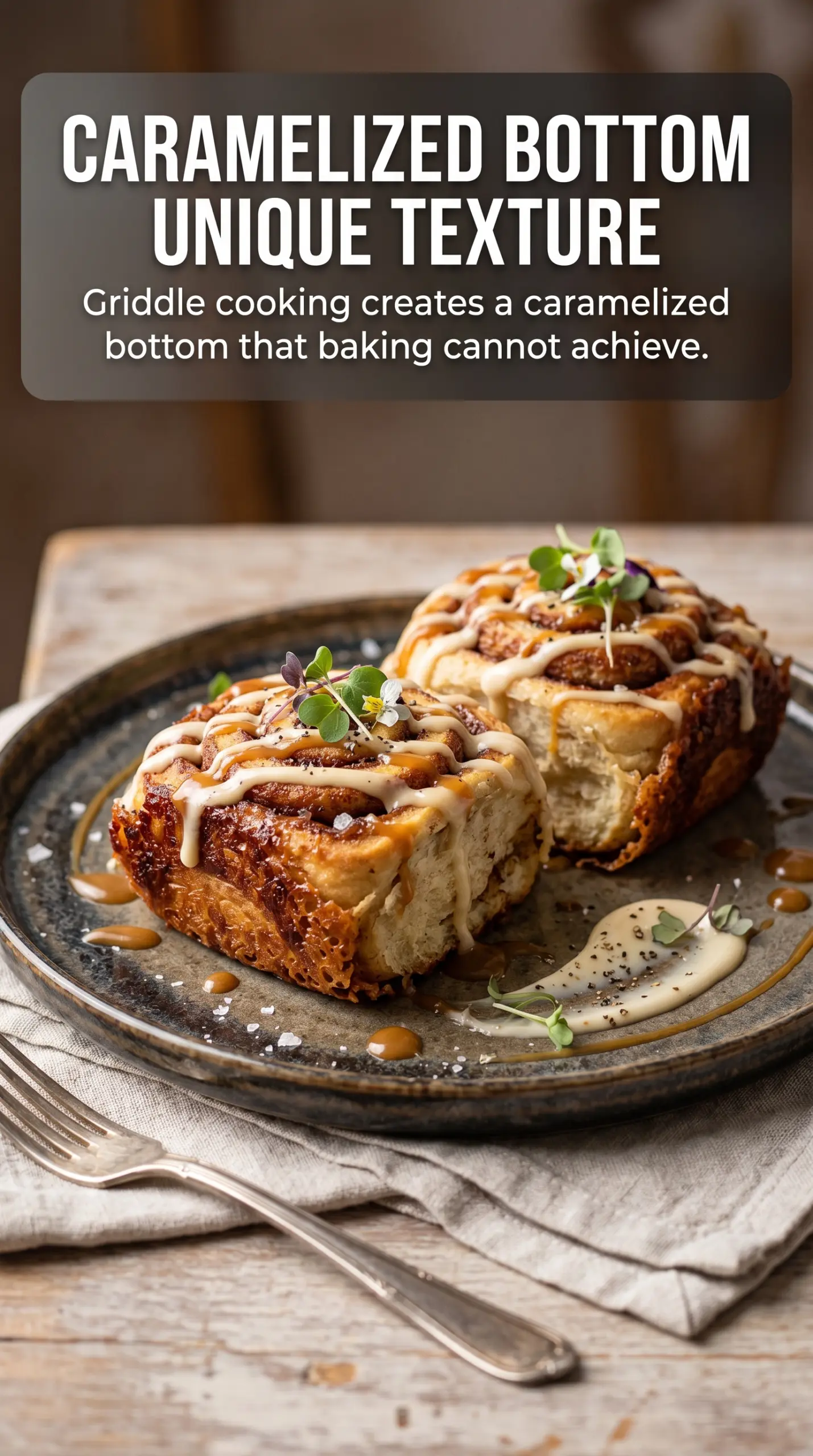 Smashed Blackstone cinnamon rolls caramelized icing-drizzled