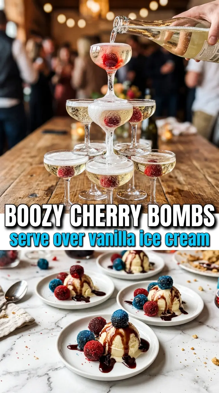 Boozy Cherry Bombs glossy cherries cocktail pick