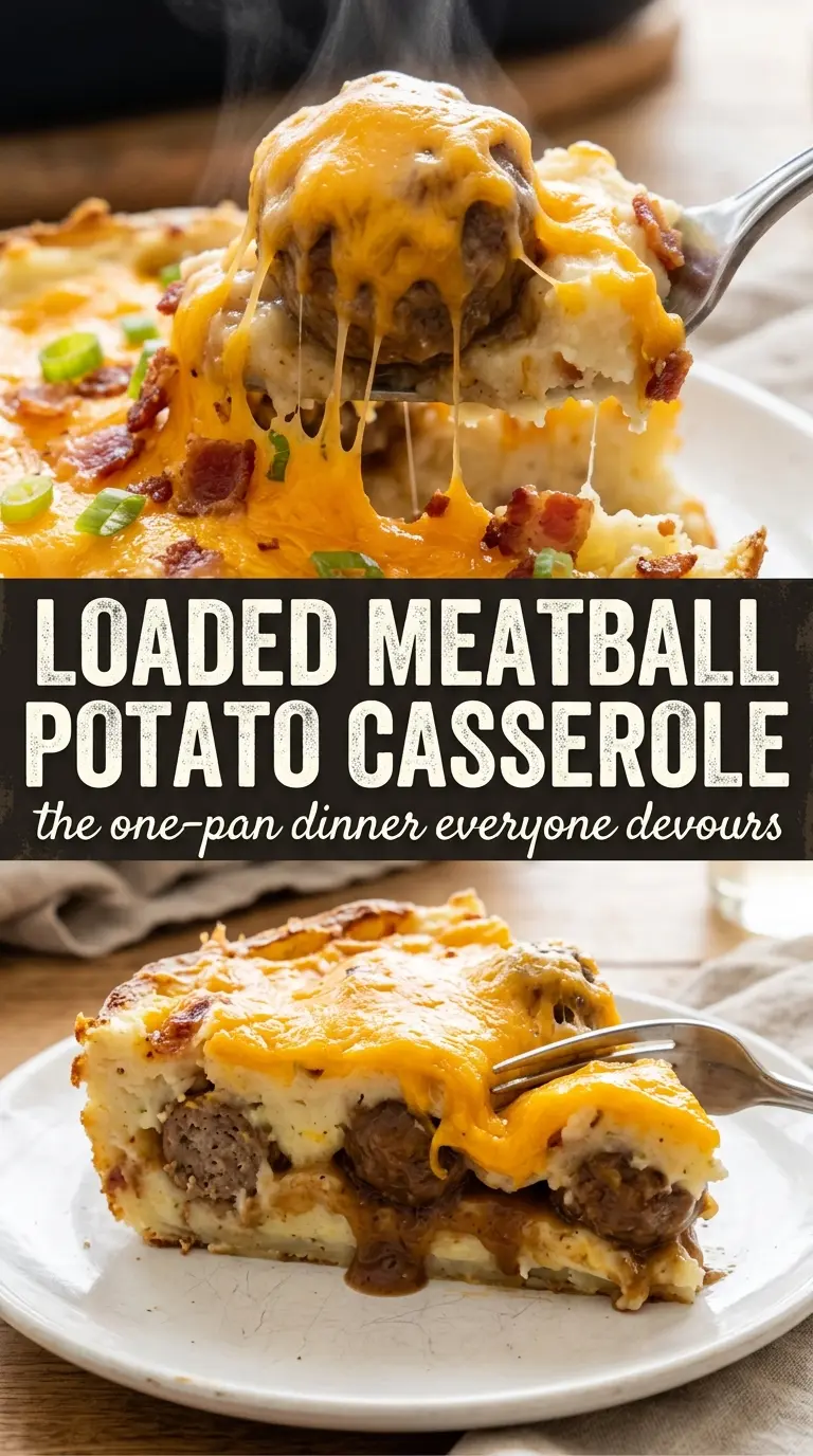 Loaded Mashed Potato and Meatball Casserole cheesy bacon-loaded