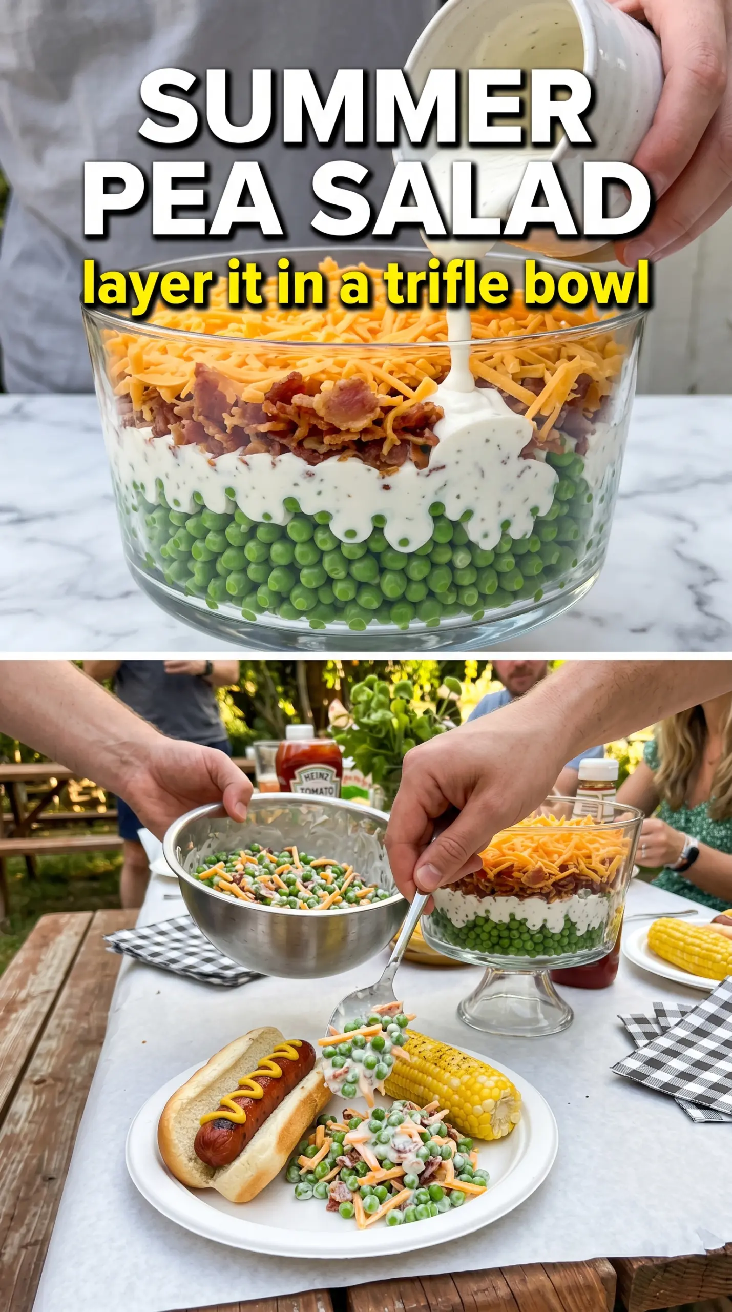 Creamy pea salad with bacon and cheddar, bright and tangy