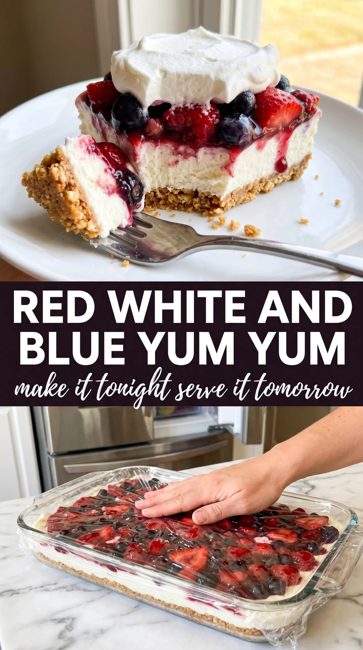 Red, White and Blue Mixed Berry Yum Yum creamy berry layered dessert