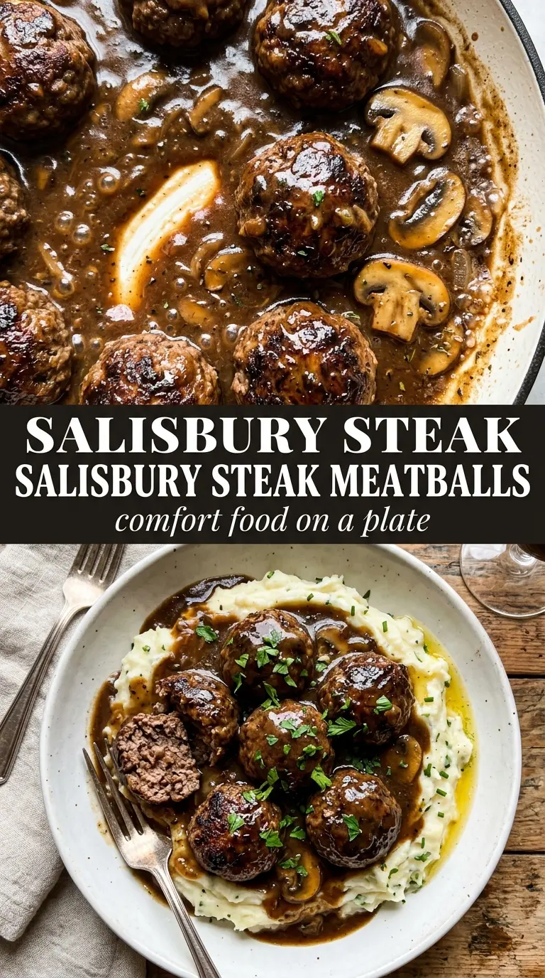 Salisbury steak meatballs with garlic herb mashed potatoes, mushroom gravy, comfort food