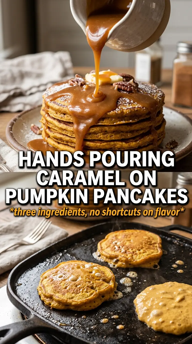 3-Ingredient Pumpkin Pancakes With Caramel Sauce fluffy caramel-drizzled