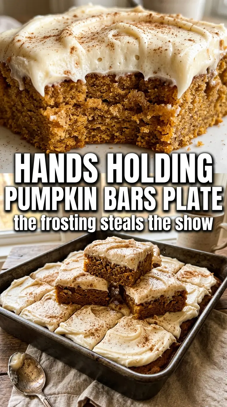 Pumpkin bars with cream cheese frosting, moist crumb, spiced dessert