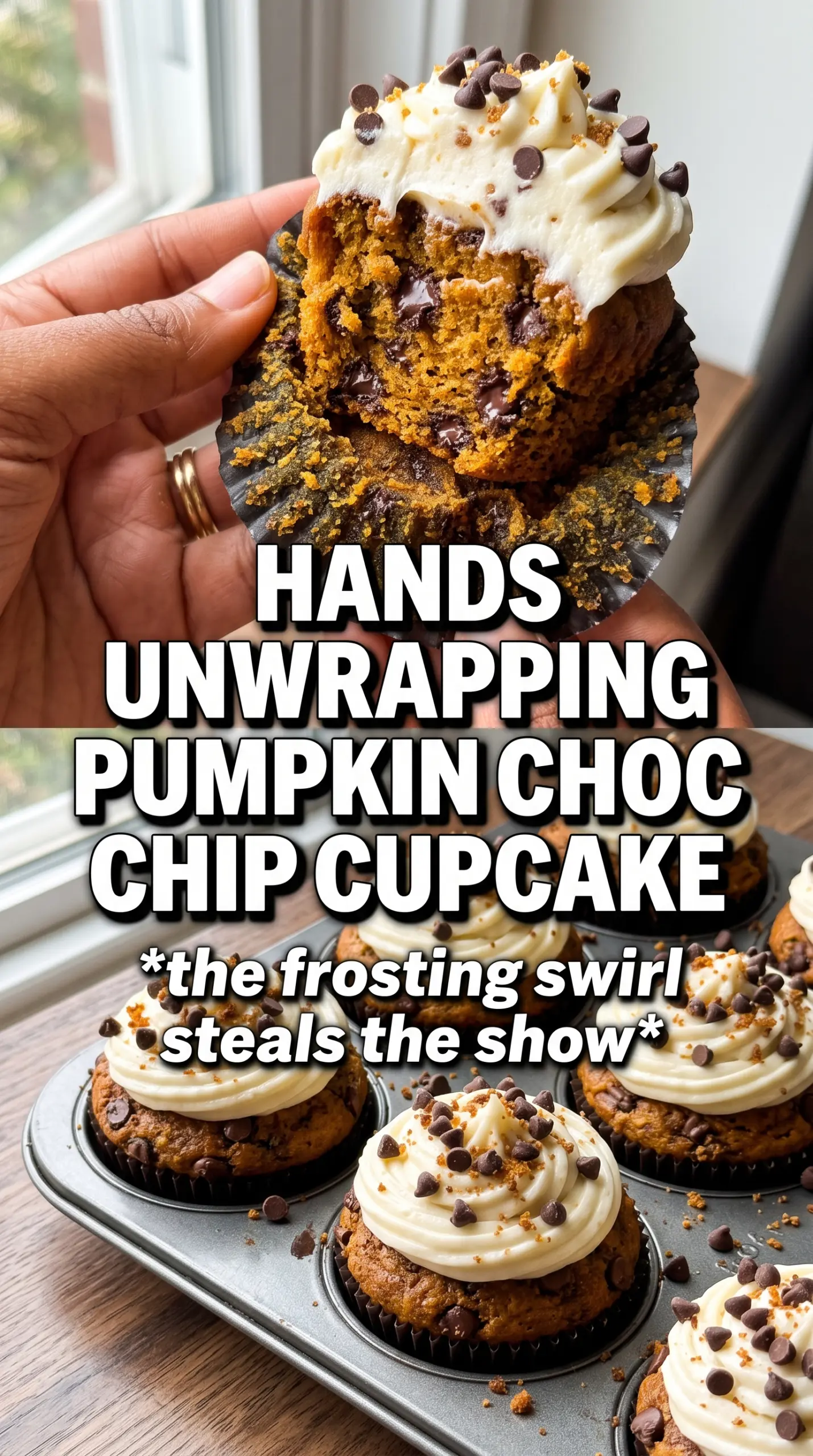 Pumpkin Chocolate Chip Cupcakes with chocolate frosting, spiced, moist