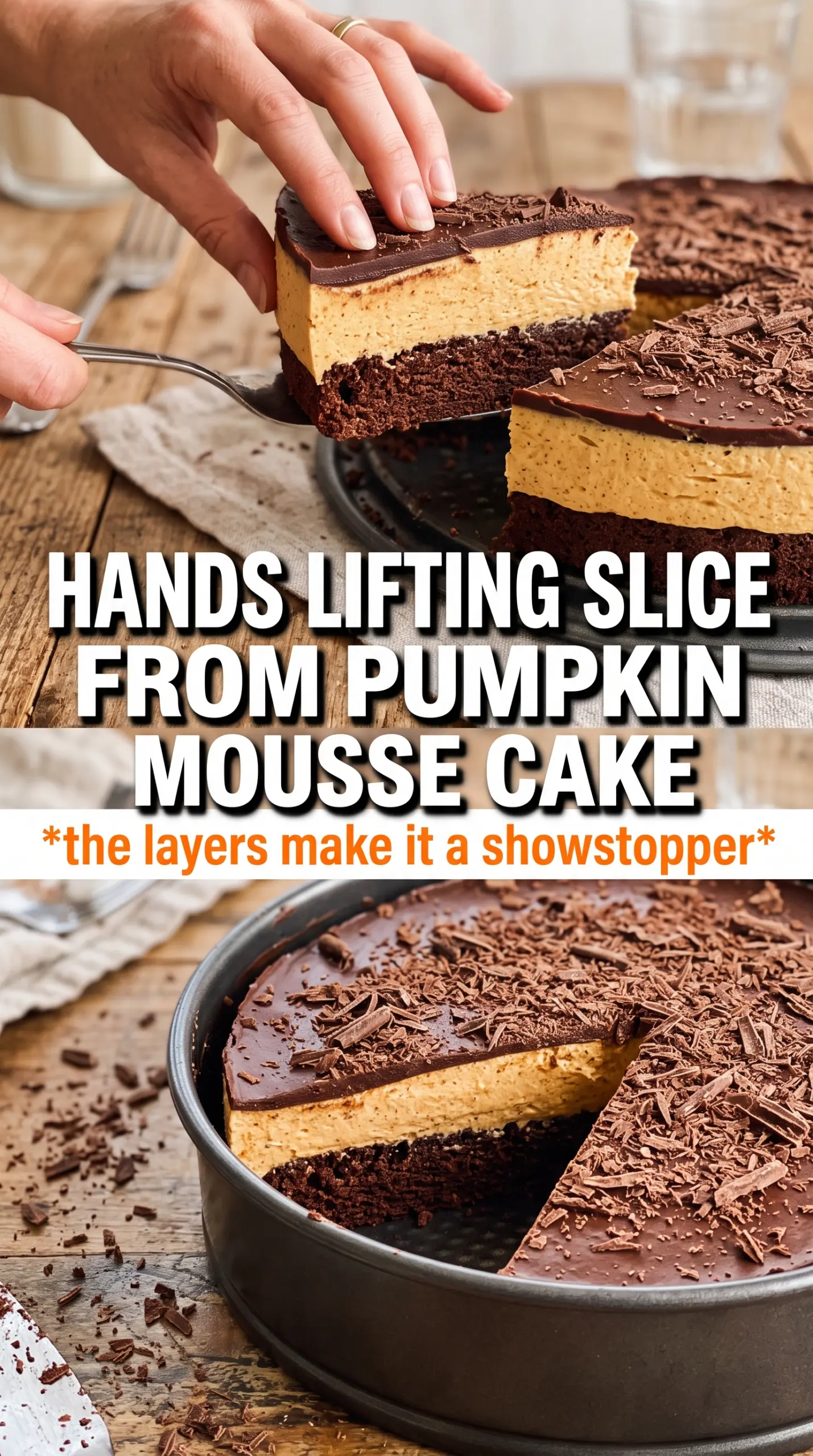 Pumpkin Chocolate Mousse Cake with airy layers, chocolate drizzle